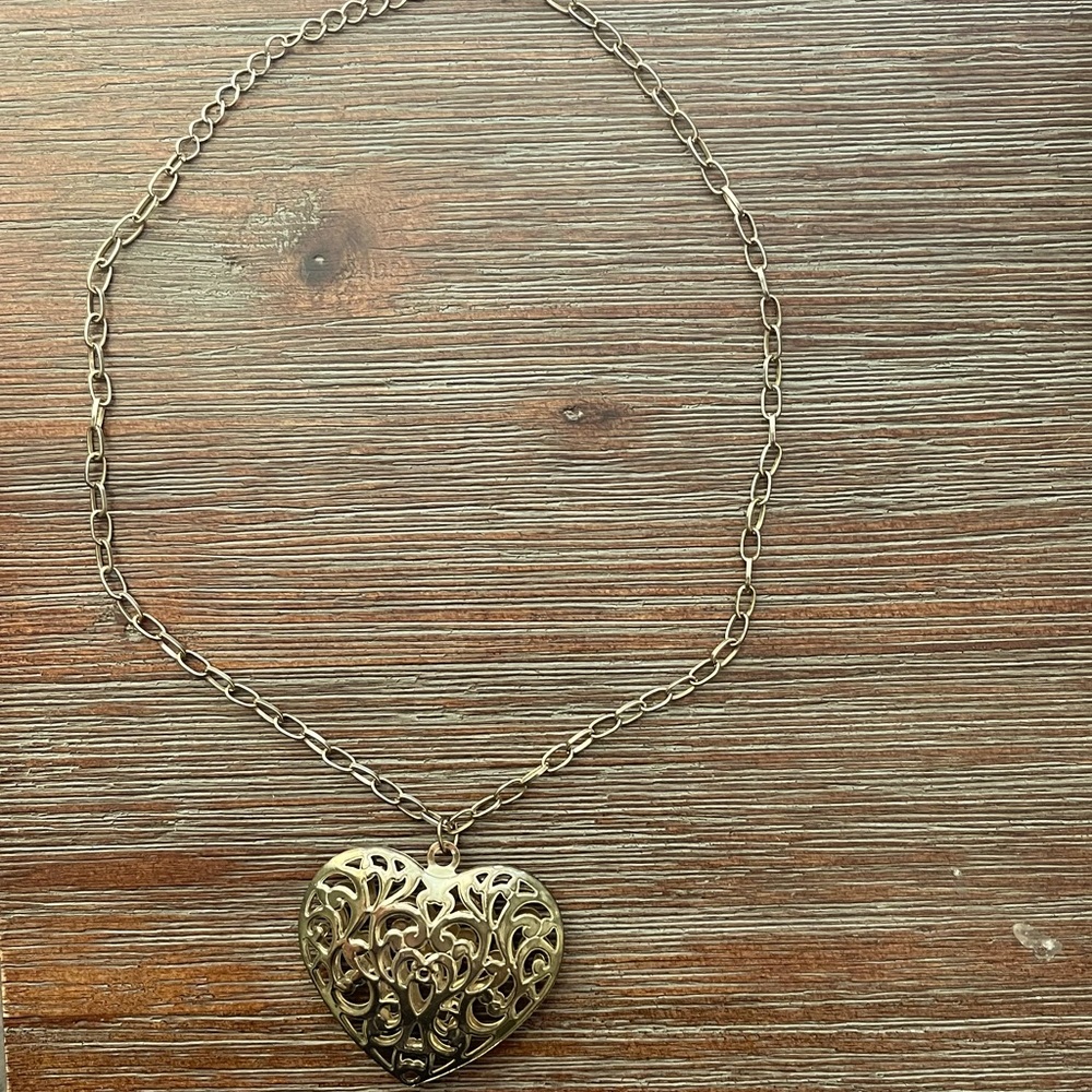 Large Heart Charm Necklace Pendant Puffy Brass Metal Gold Tone Metal Yellow Gold
